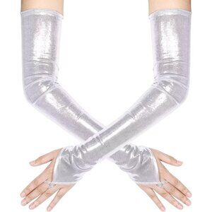Women's Silver Shiny Elastic Satin Rave Fingerless Long Gloves Party Costume